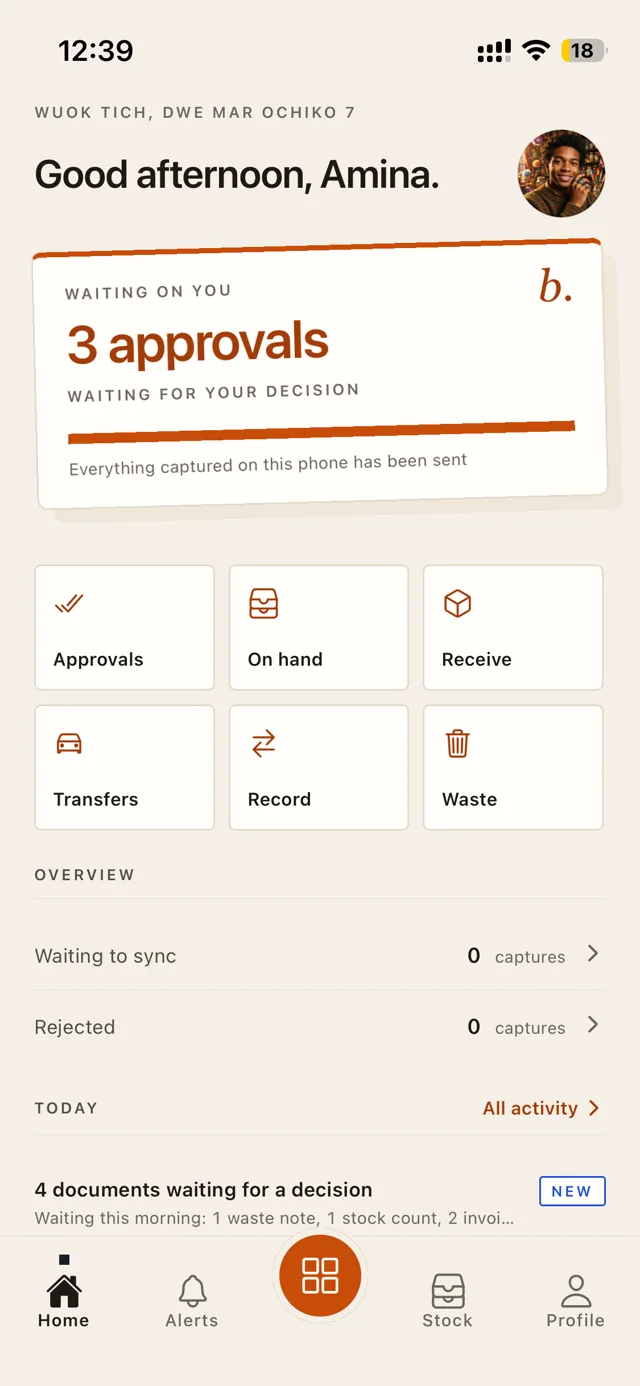 The Bohari phone app home screen: three approvals waiting on a decision, tiles for approvals, stock on hand, receiving, transfers, recording and waste, nothing left waiting to sync, and four documents waiting for a decision today.